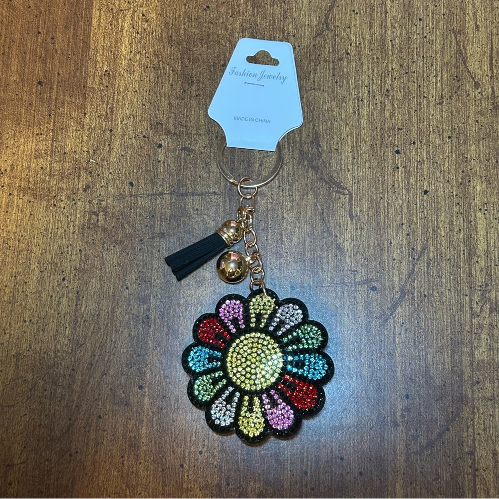 Black Flower Multicolor Rhinestone Bling Keychain Keyring Purse Charm (NWT)